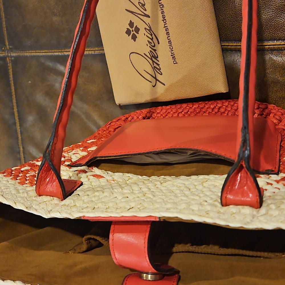 Patricia Nash Calypso Woven Straw/Leather Tote W/Scarf: Passion/Natural - Picture 10 of 11